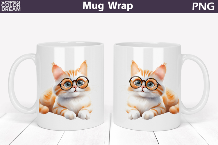 Red Cat Mug Wrap PNG | Glasses Kitten Sublimation