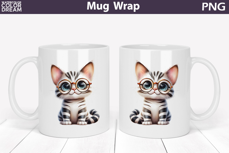 Cute Cat Mug Wrap PNG | Funny Glasses Kitten Sublimation