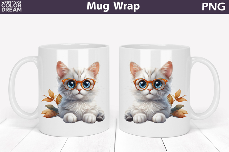 Cute Cat Mug Wrap PNG | Funny Glasses Kitten Sublimation