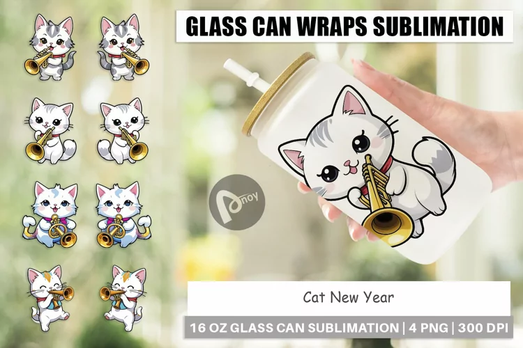 Glass Can Wraps Cat New Year