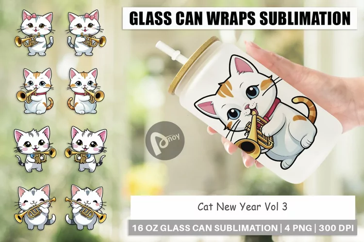 Glass Can Wraps Cat New Year