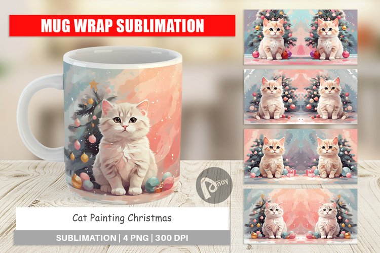 Mug Wrap Design Cat Christmas Painting