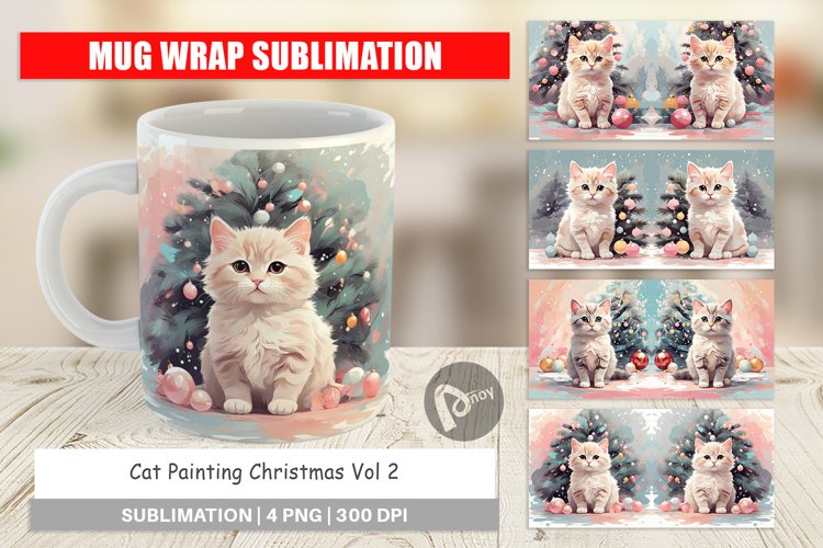 Mug Wrap Design Cat Christmas Painting
