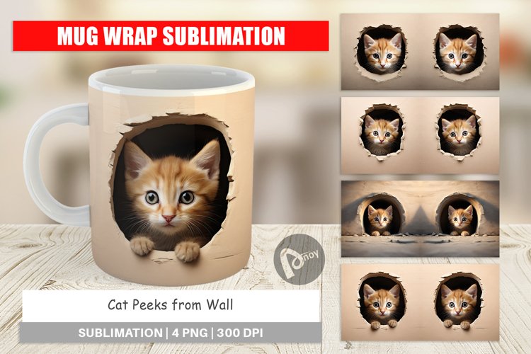 Mug Wrap Design Cat Peeks from Wall