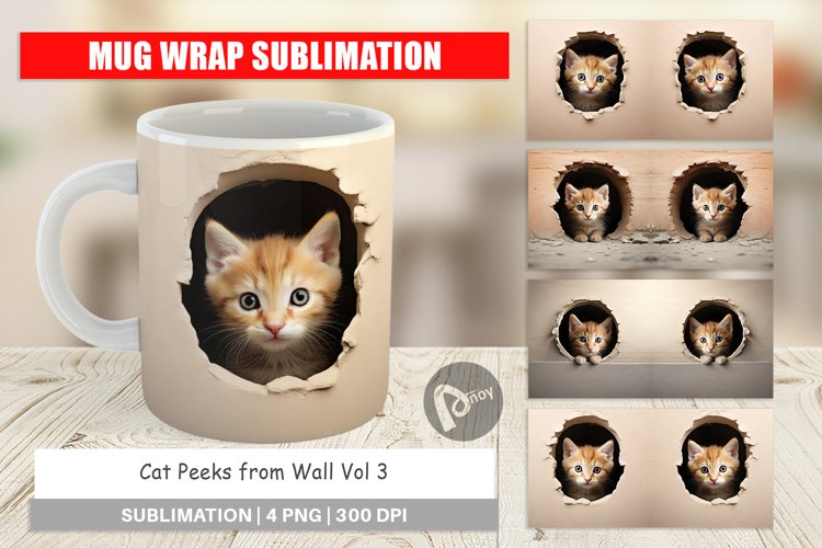 Mug Wrap Design Cat Peeks from Wall example image 1