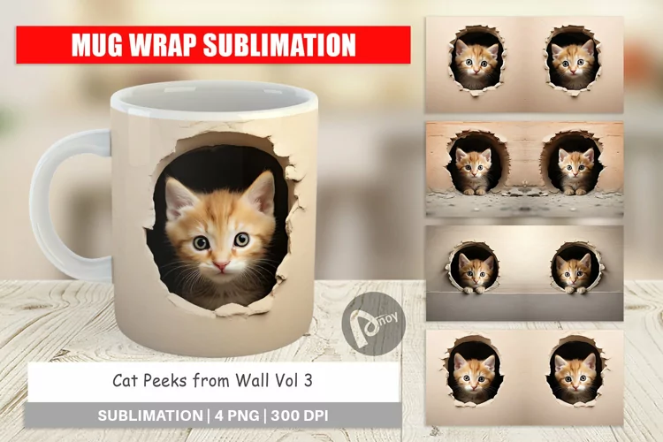 Mug Wrap Design Cat Peeks from Wall