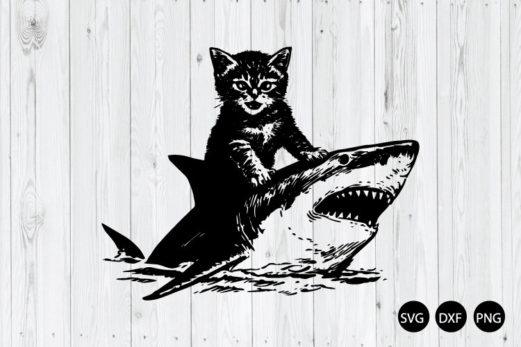 Funny Cat Riding Shark SVG, Black Cat SVG example image 1