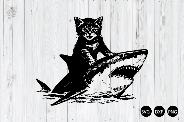 Funny Cat Riding Shark SVG, Black Cat SVG