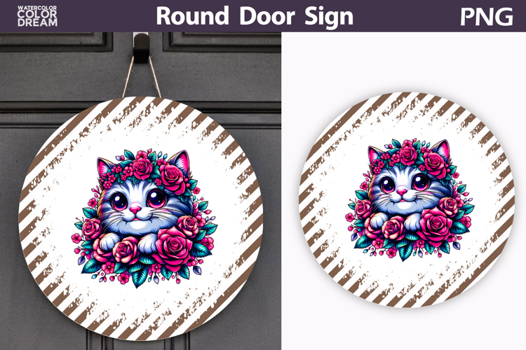 Floral Cat Round Door Sign | Farmhouse Porch Decor