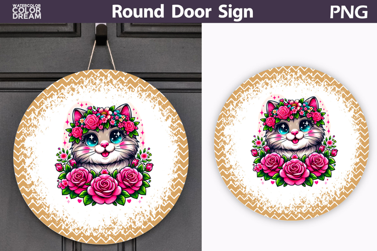 Floral Cat Round Door Sign | Mustard Chevron Decor