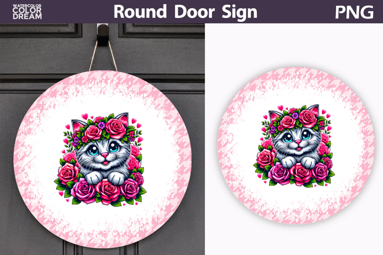 Floral Kitten Round Door Sign | Pink Cottage Decor