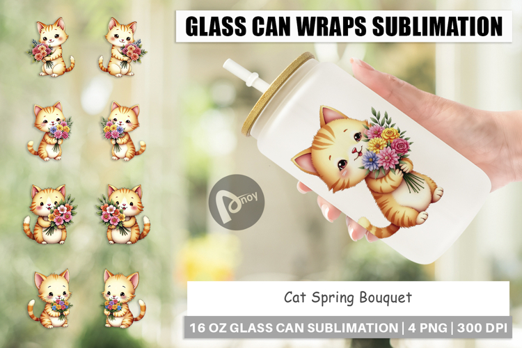 Glass Can Cat Spring Bouquet