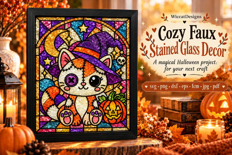 Cute Witch Cat Stained Glass SVG | Halloween Cricut Cut File
