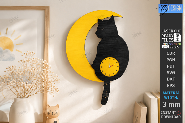 Wooden Cat Pendulum Wall Clock Laser Cut | 3D Wall Clock SVG