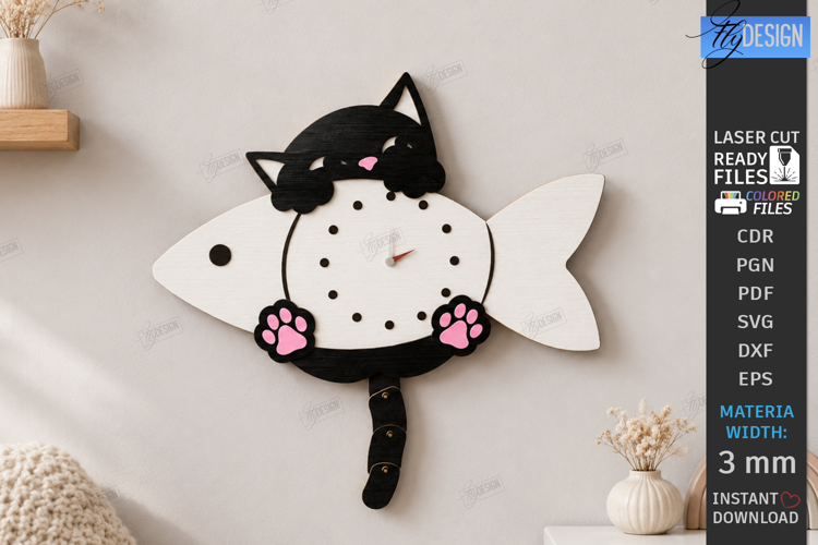 Wooden Cat Pendulum Wall Clock Laser Cut | 3D Wall Clock SVG