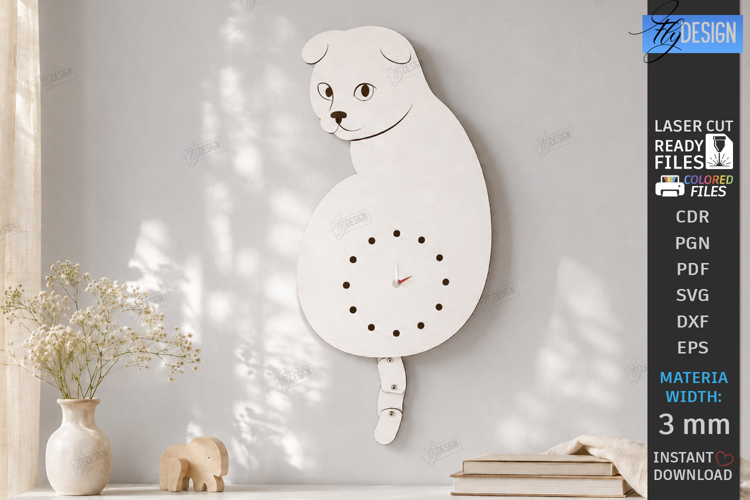 Wooden Cat Pendulum Wall Clock Laser Cut | 3D Wall Clock SVG