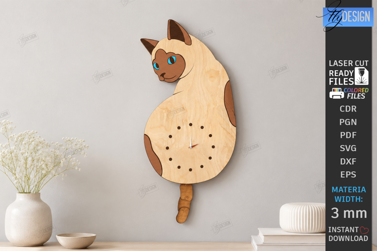 Wooden Cat Pendulum Wall Clock Laser Cut | 3D Wall Clock SVG