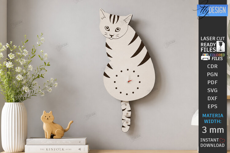 Wooden Cat Pendulum Wall Clock Laser Cut | 3D Wall Clock SVG example image 1