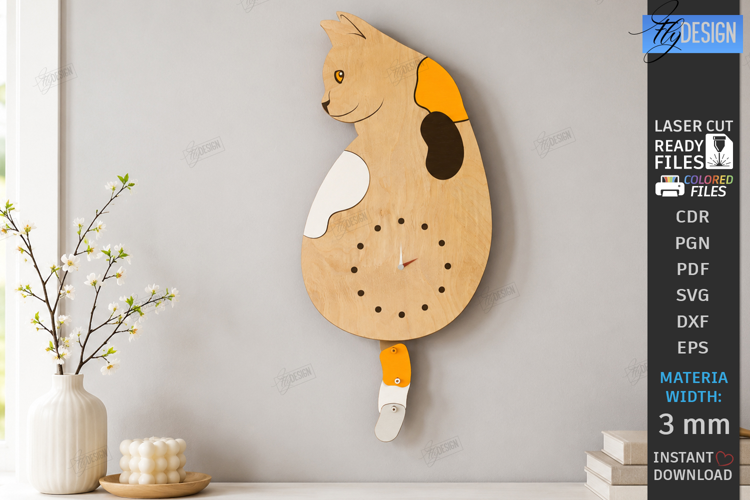 Wooden Cat Pendulum Wall Clock Laser Cut | 3D Wall Clock SVG