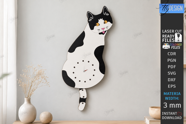 Wooden Cat Pendulum Wall Clock Laser Cut | 3D Wall Clock SVG