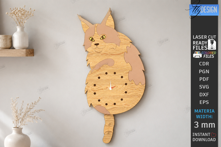 Wooden Cat Pendulum Wall Clock Laser Cut | 3D Wall Clock SVG