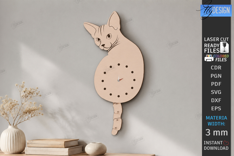 Wooden Cat Pendulum Wall Clock Laser Cut | 3D Wall Clock SVG