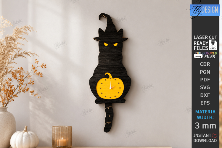 Wooden Cat Pendulum Wall Clock Laser Cut | Halloween | Witch