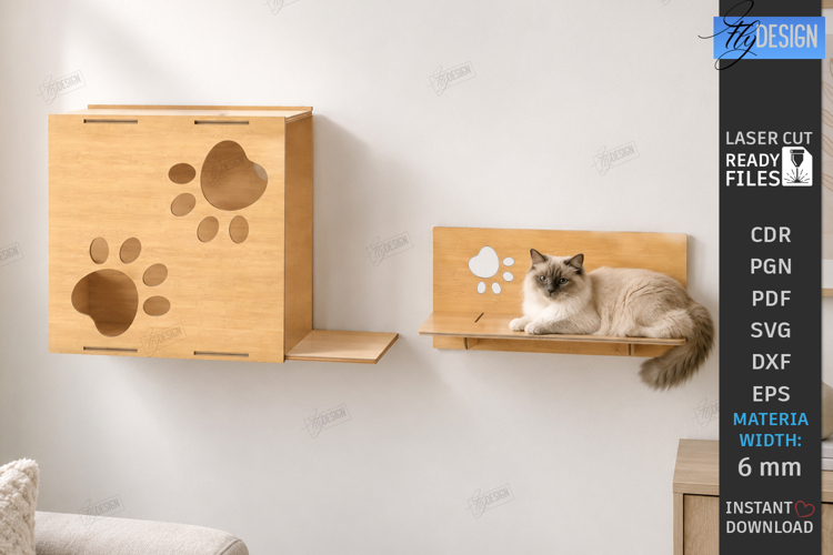 Cat Wall Shelf Laser Cut | Modern Cat Furniture | Pets SVG