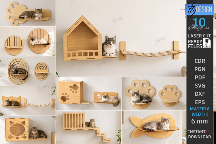 Cat Wall Shelves Laser Cut | Modern Cat Furniture | Pets SVG