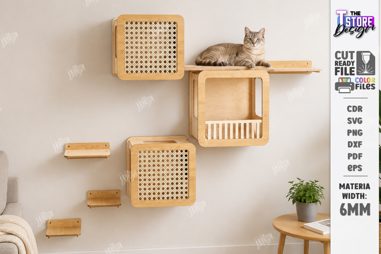 Cat Wall Shelf Laser Cut | Wooden Cat Climbing Wall | Pets