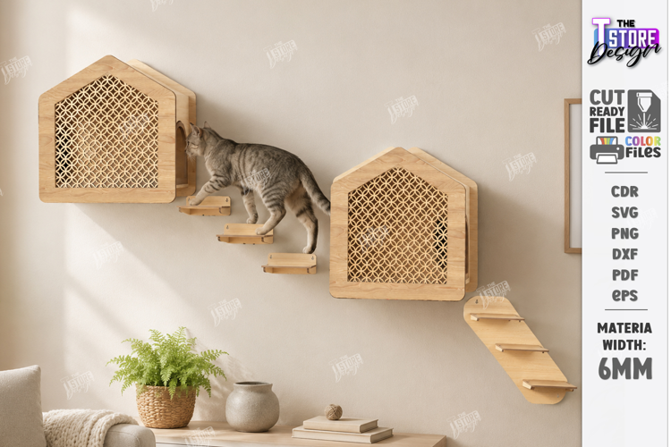 Cat Wall Shelf Laser Cut | Wooden Cat Climbing Wall | Pets