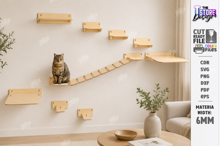 Cat Wall Shelf Laser Cut | Wooden Cat Climbing Wall | Pets