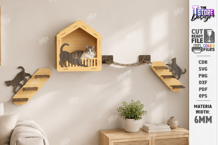Cat Wall Shelf Laser Cut | Wooden Cat Climbing Wall | Pets