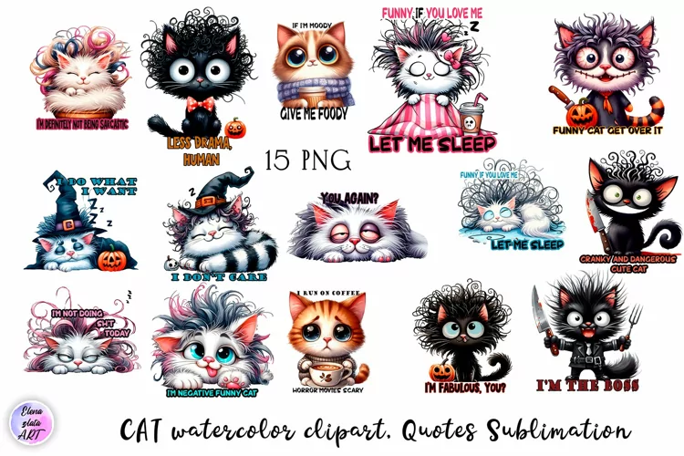 Black and white cat, Sarcastic halloween Clipart watercolor