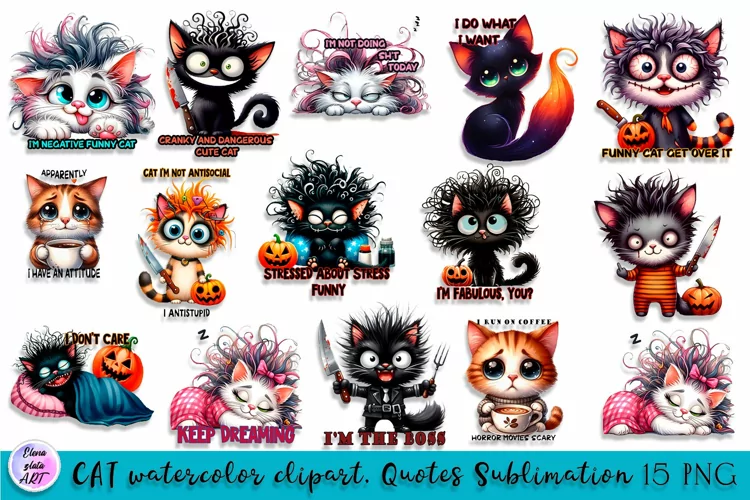 Black and white cat, Sarcastic halloween Clipart watercolor