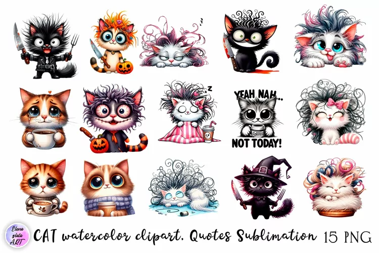 Black and white cat, Sarcastic halloween Clipart watercolor