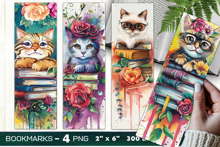 Cat on books bookmark, watercolor cat bookmark, floral cats
