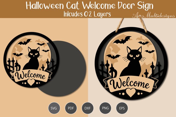 Halloween Cat Welcome Door Hanger SVG example image 1