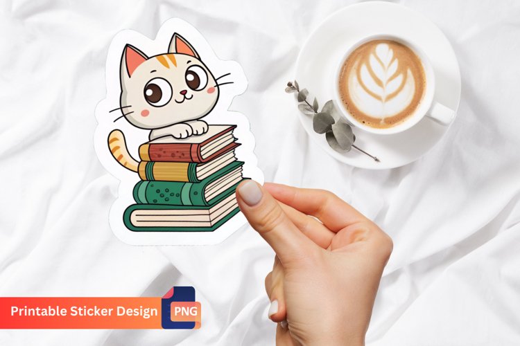 Cat With Books Sticker, Cartoon Cat Sticker, Cat Reading Art