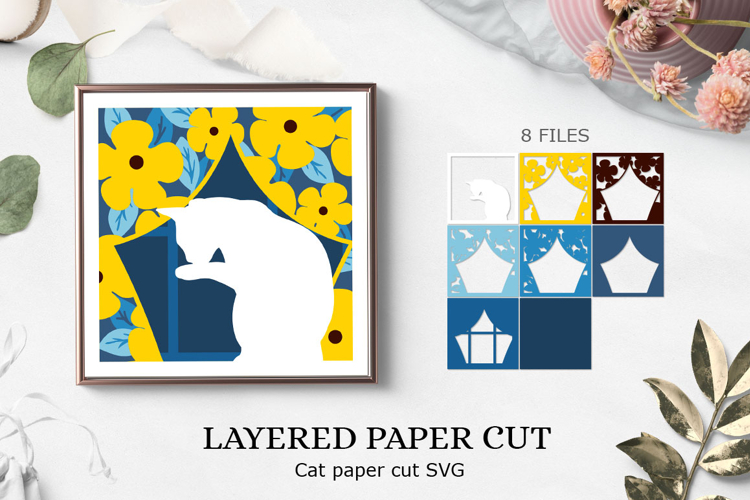 Cat with flowers svg / cat 3D shadow box