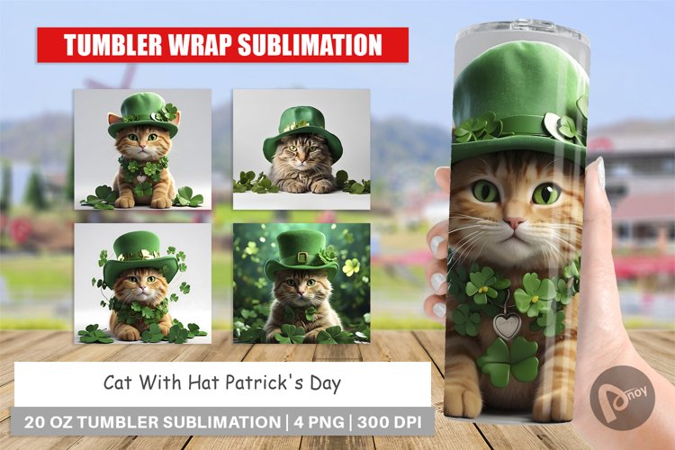 Tumbler Sublimation Wrap Cat With Hat Patrick's Day example image 1