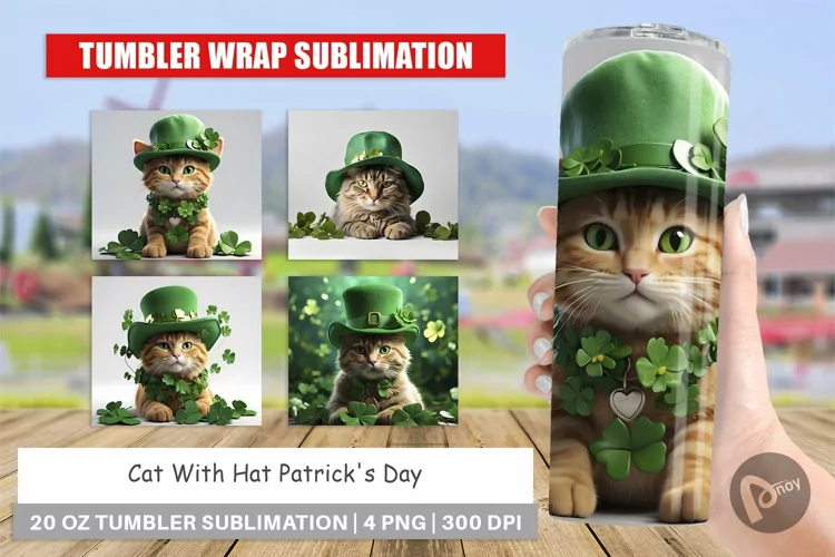 Tumbler Sublimation Wrap Cat With Hat Patrick's Day