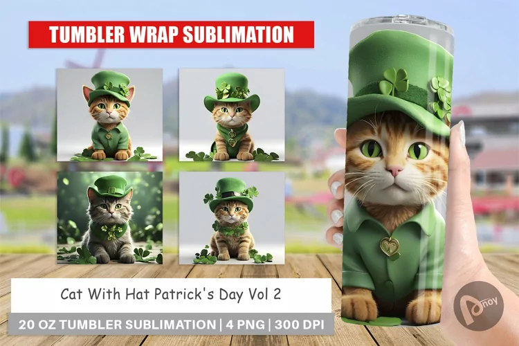 Tumbler Sublimation Wrap Cat With Hat Patrick's Day