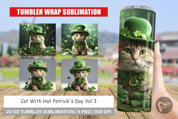 Tumbler Sublimation Wrap Cat With Hat Patrick's Day