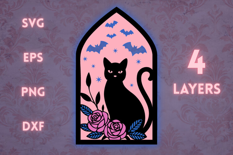Cat with Roses and Bats Stained glass - 4 SVG layers example image 1