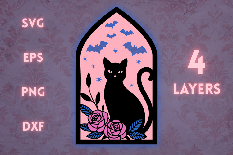 Cat with Roses and Bats Stained glass - 4 SVG layers