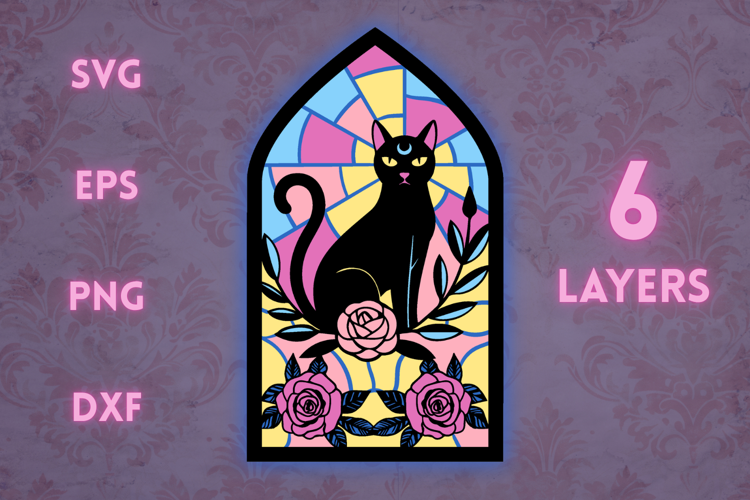 Cat with roses and sunburst - 6 SVG layers