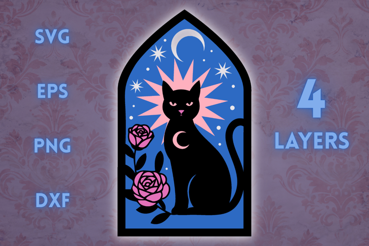 Cat with moon and stars stained glass - 4 SVG layers