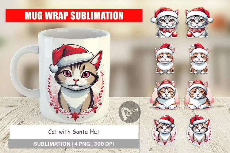 Mug Wrap Design Cat with Santa Hat