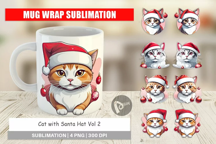 Mug Wrap Design Cat with Santa Hat